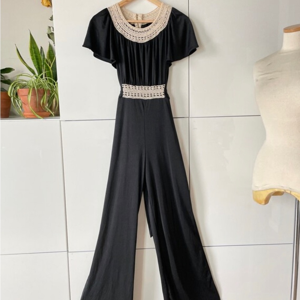 1970s Vintage Black Jumpsuit with Crochet Detail Pantsuit Playsuit